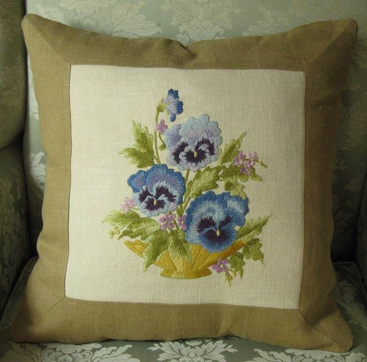 Pansies Create Antique Crewel Embroidery Pillow  