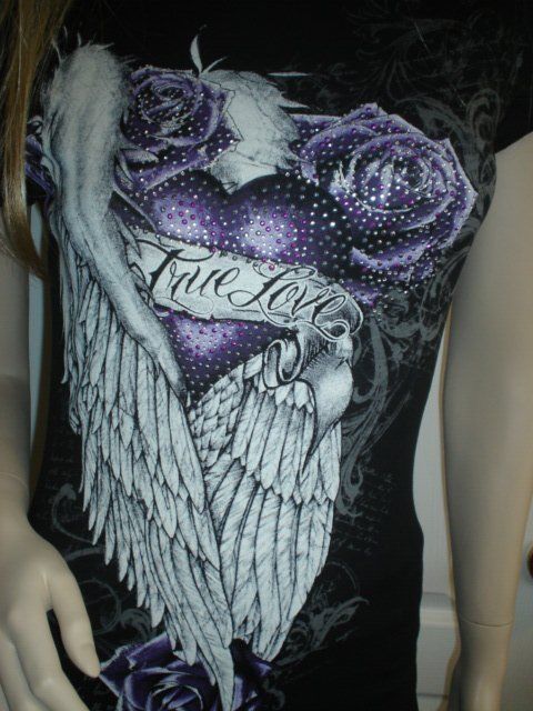 Angel Wings Purple Heart Stones ClubbingTattoo T Shirt  