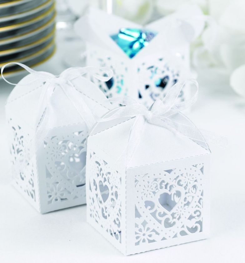   Die Cut Heart White Shimmer Favor Boxes Wedding Bridal Reception Gift