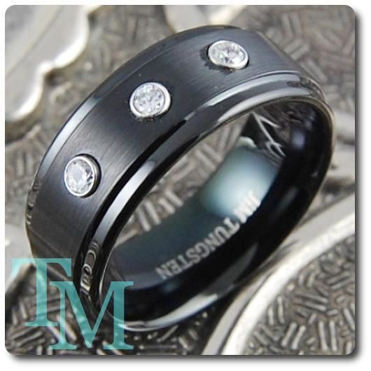 Mens Tungsten Ring Black Rare Diamond Wedding Band  