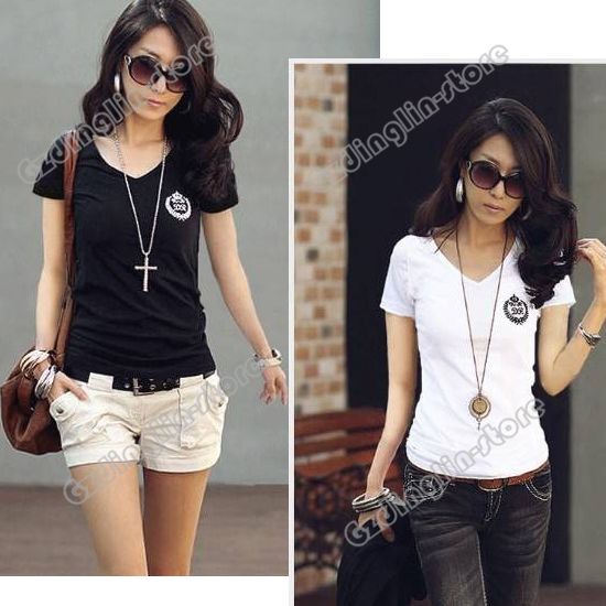 Womens V Neck Short Sleeve Casual Cotton Blouse Tops T Shirts S,M,L 